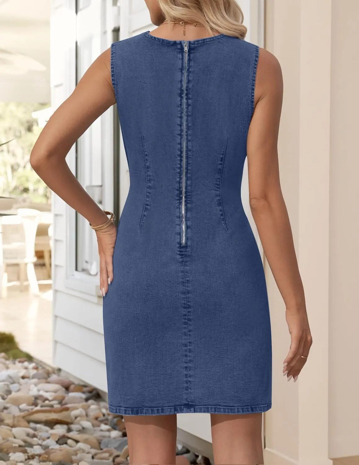 NENONA Women's Summer Sleeveless Denim Dress Casual Crew Neck Stretchy Mini Jean Dresses