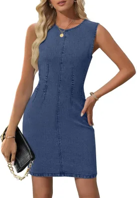 NENONA Women's Summer Sleeveless Denim Dress Casual Crew Neck Stretchy Mini Jean Dresses