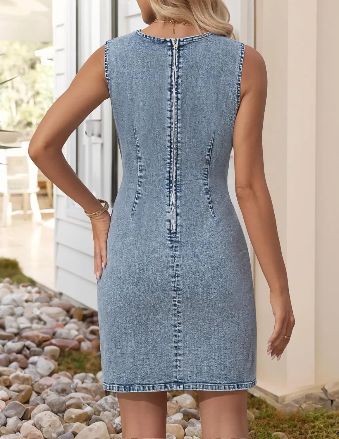 NENONA Women's Summer Sleeveless Denim Dress Casual Crew Neck Stretchy Mini Jean Dresses