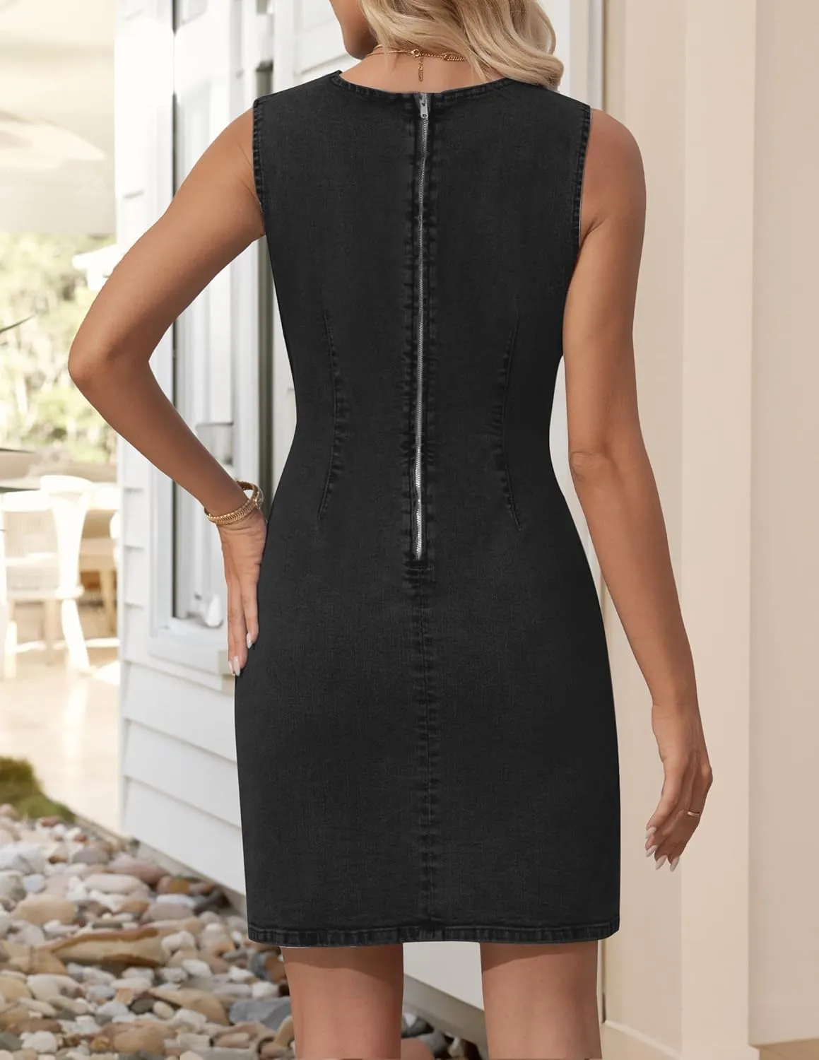 NENONA Women's Summer Sleeveless Denim Dress Casual Crew Neck Stretchy Mini Jean Dresses