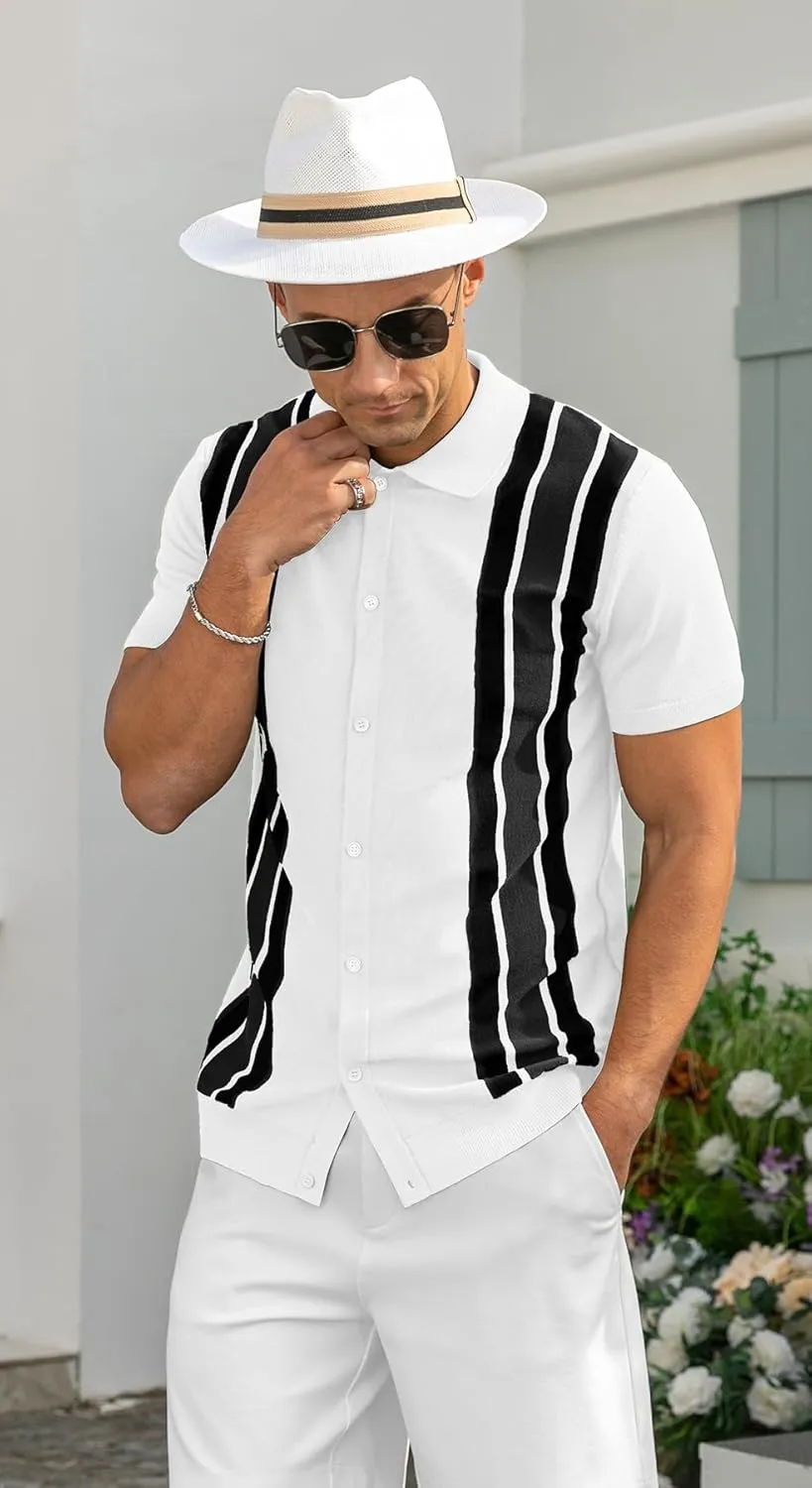 NITAGUT Mens Polo Shirts Vintage Striped Knitting Short Sleeves Button Down Golf Shirts