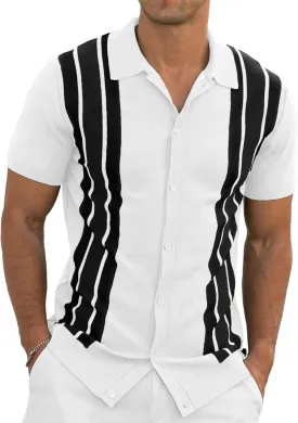 NITAGUT Mens Polo Shirts Vintage Striped Knitting Short Sleeves Button Down Golf Shirts
