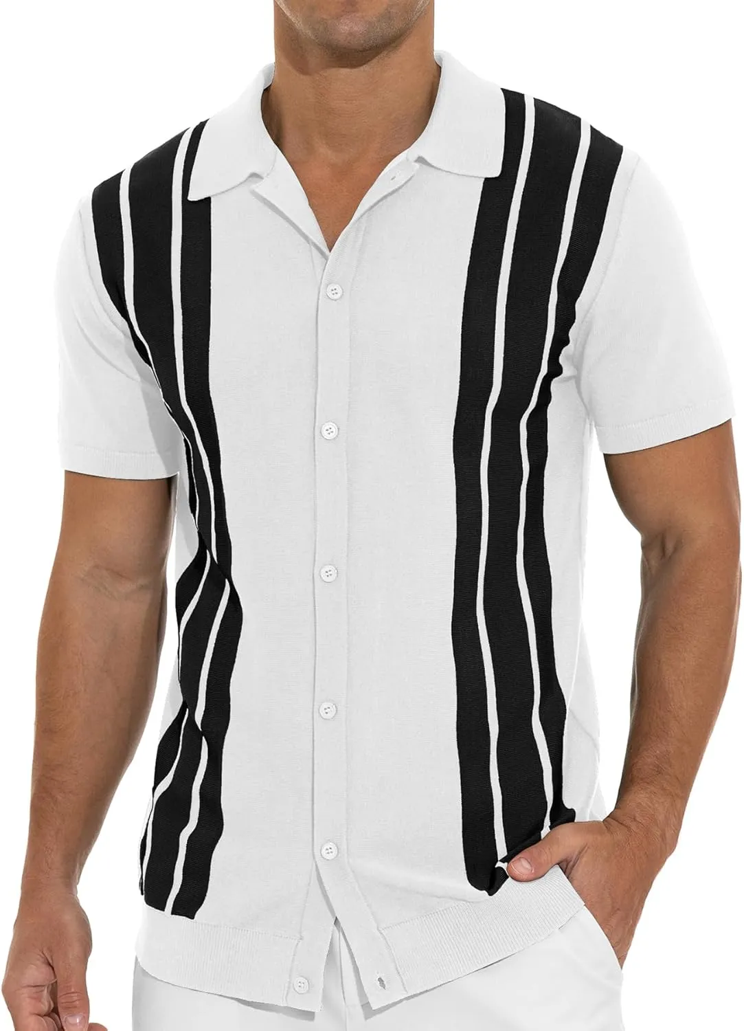NITAGUT Mens Polo Shirts Vintage Striped Knitting Short Sleeves Button Down Golf Shirts