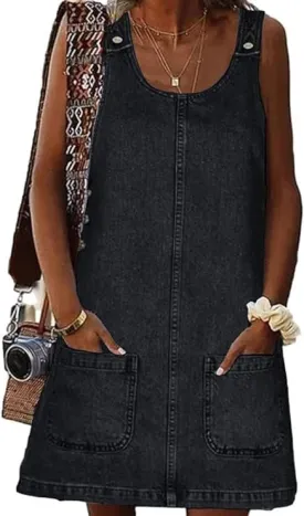 Overall Dress for Women Denim Dress Denim Overall Round Neck Skirtall Jean Dress Denim Jumper Dress Pinafore