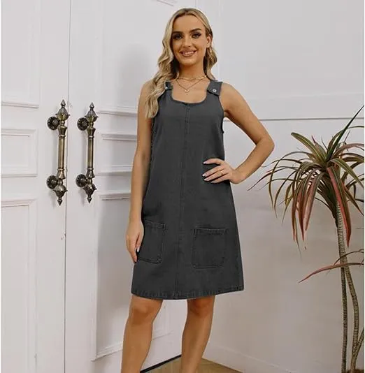 Overall Dress for Women Denim Dress Denim Overall Round Neck Skirtall Jean Dress Denim Jumper Dress Pinafore