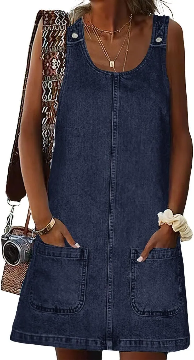 Overall Dress for Women Denim Dress Denim Overall Round Neck Skirtall Jean Dress Denim Jumper Dress Pinafore