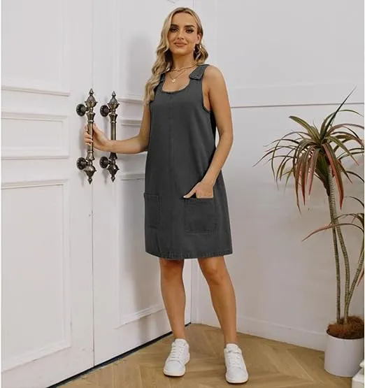 Overall Dress for Women Denim Dress Denim Overall Round Neck Skirtall Jean Dress Denim Jumper Dress Pinafore
