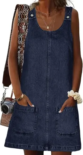 Overall Dress for Women Denim Dress Denim Overall Round Neck Skirtall Jean Dress Denim Jumper Dress Pinafore