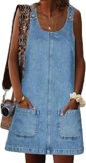 Overall Dress for Women Denim Dress Denim Overall Round Neck Skirtall Jean Dress Denim Jumper Dress Pinafore