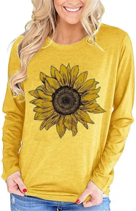 Pfvkeree Women's Sunflower Graphic T Shirt Cute Funny Long Sleeve Casual Cotton Tee Tops