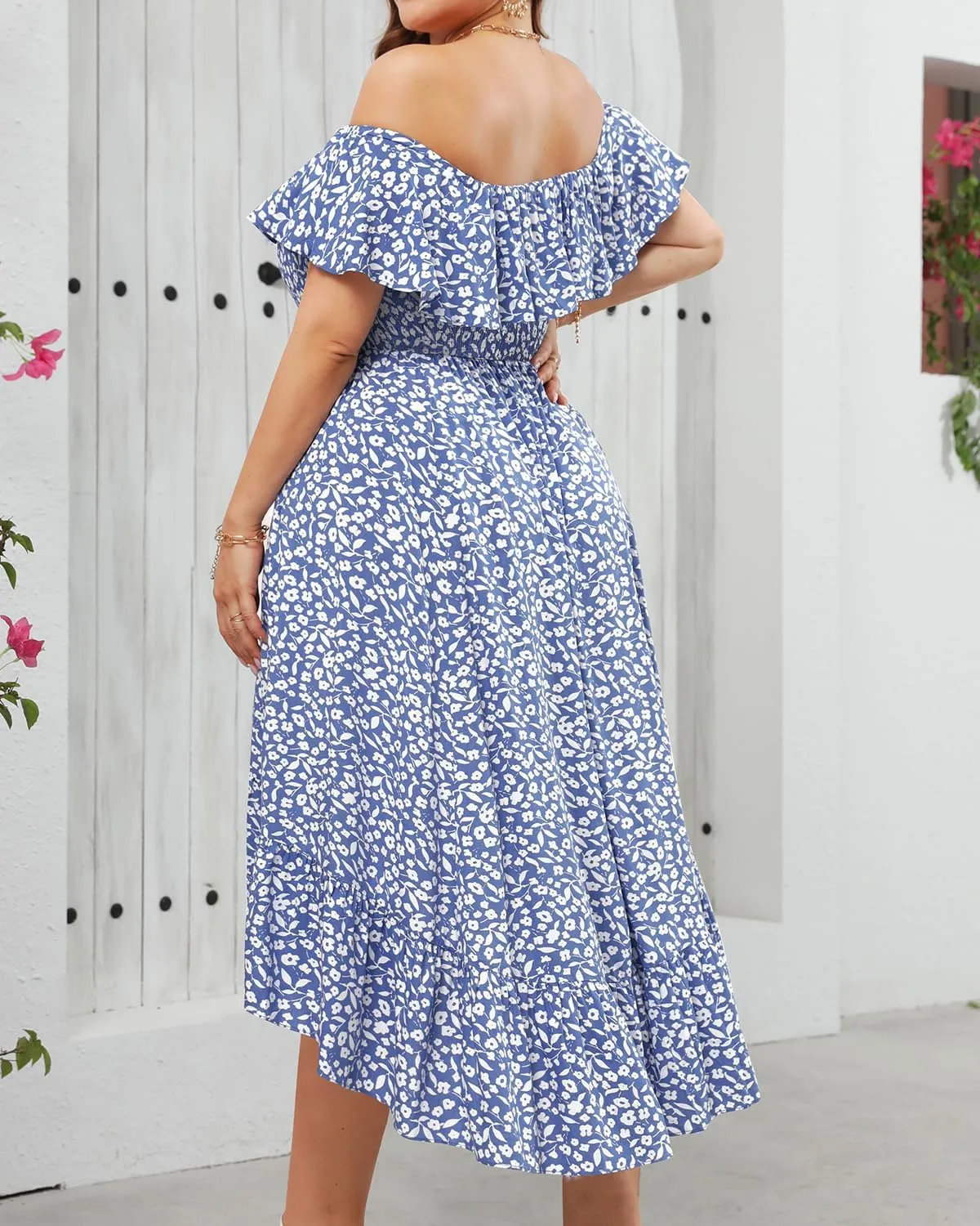 Pinup Fashion Plus Size Summer Dresses - Off Shoulder Ruffle Boho Casual High Low Smocked Dress with Pockets