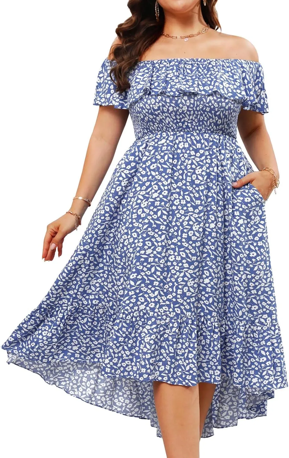 Pinup Fashion Plus Size Summer Dresses - Off Shoulder Ruffle Boho Casual High Low Smocked Dress with Pockets