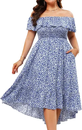 Pinup Fashion Plus Size Summer Dresses - Off Shoulder Ruffle Boho Casual High Low Smocked Dress with Pockets