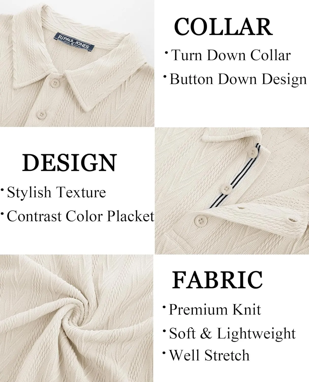 PJ PAUL JONES Men's Textured Knit Polo Shirt Short Sleeve Regular Fit Stretch Collared Summer Shirts