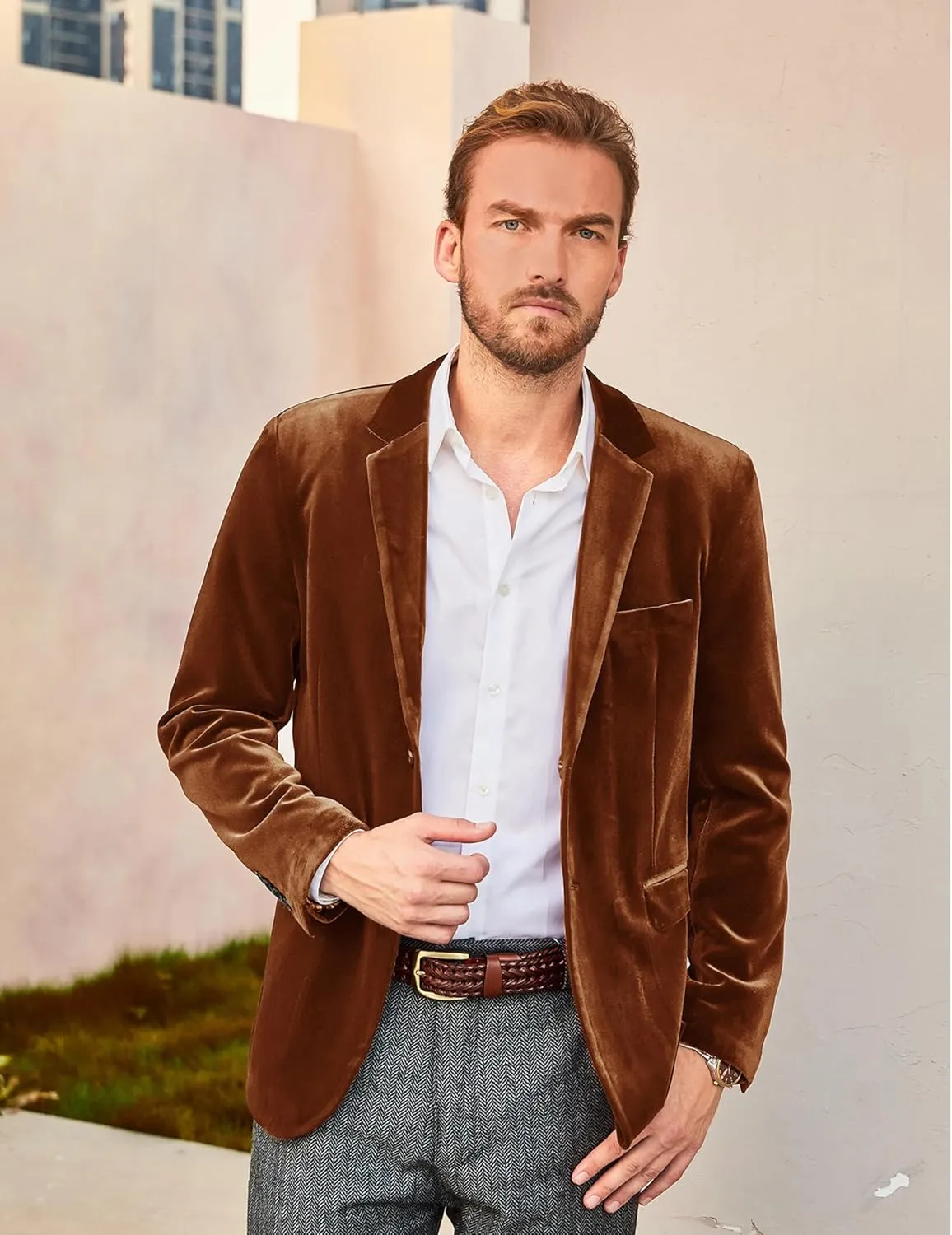 PJ PAUL JONES Mens Velvet Blazer Two Button Sport Coat Solid Slim Fit Suit Jacket for Dinner Prom Wedding