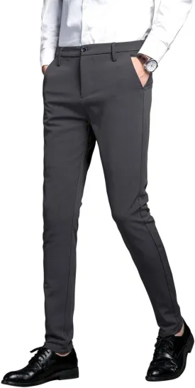 Plaid&Plain Men's Stretch Dress Pants Slim Fit Skinny Suit Pants