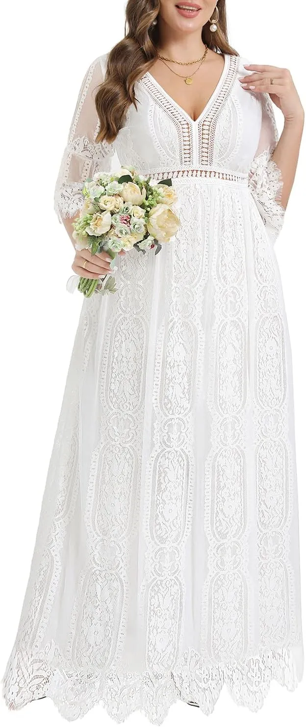 Plus Size Wedding Dress Boho - Maxi Bridal Shower Bohemian Formal Lace Long Dresses