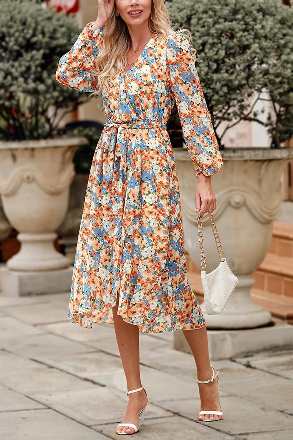PRETTYGARDEN Women's Floral Print Boho Dress Long Sleeve Wrap V Neck Ruffle Belted A-Line Flowy Maxi Dresses