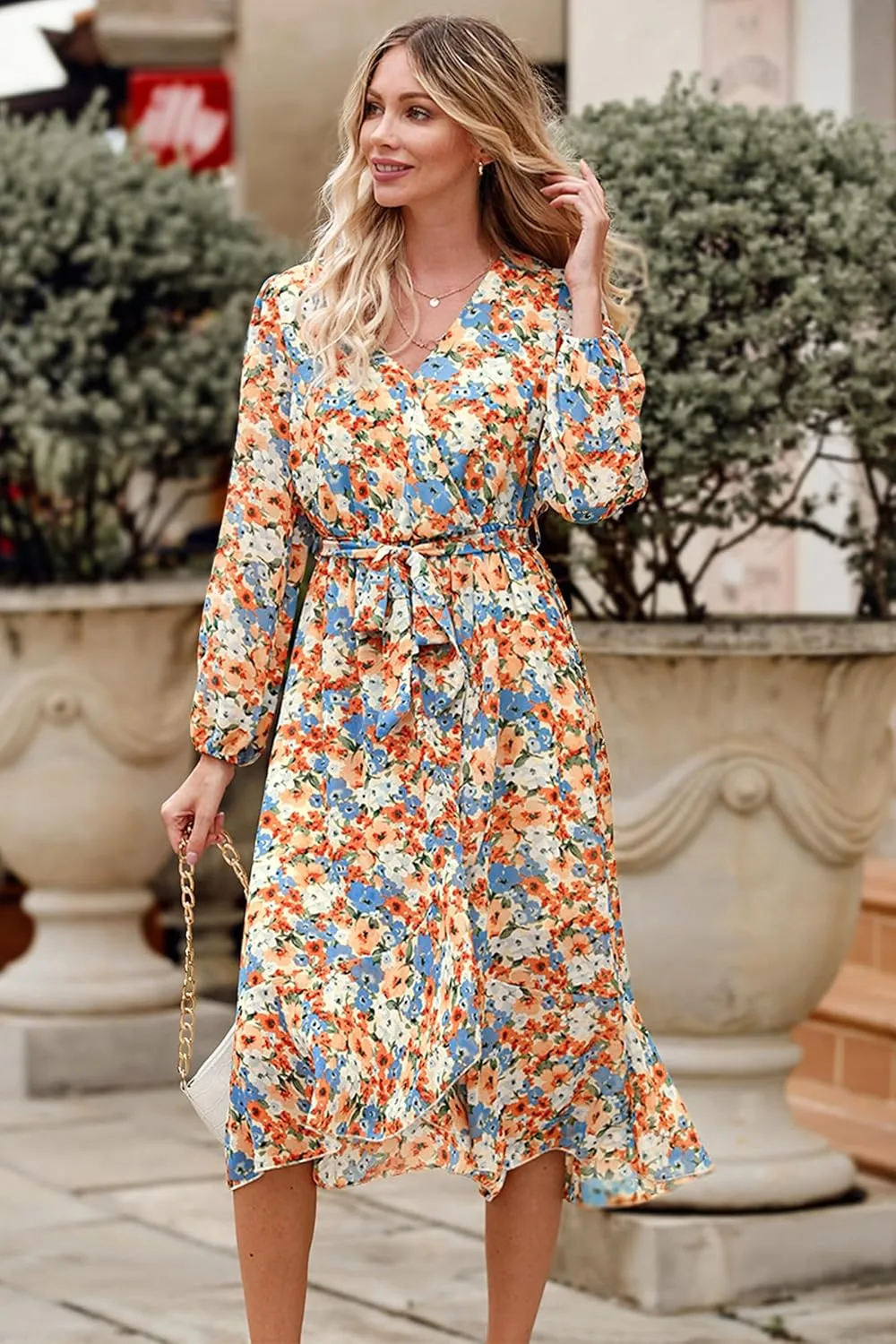 PRETTYGARDEN Women's Floral Print Boho Dress Long Sleeve Wrap V Neck Ruffle Belted A-Line Flowy Maxi Dresses