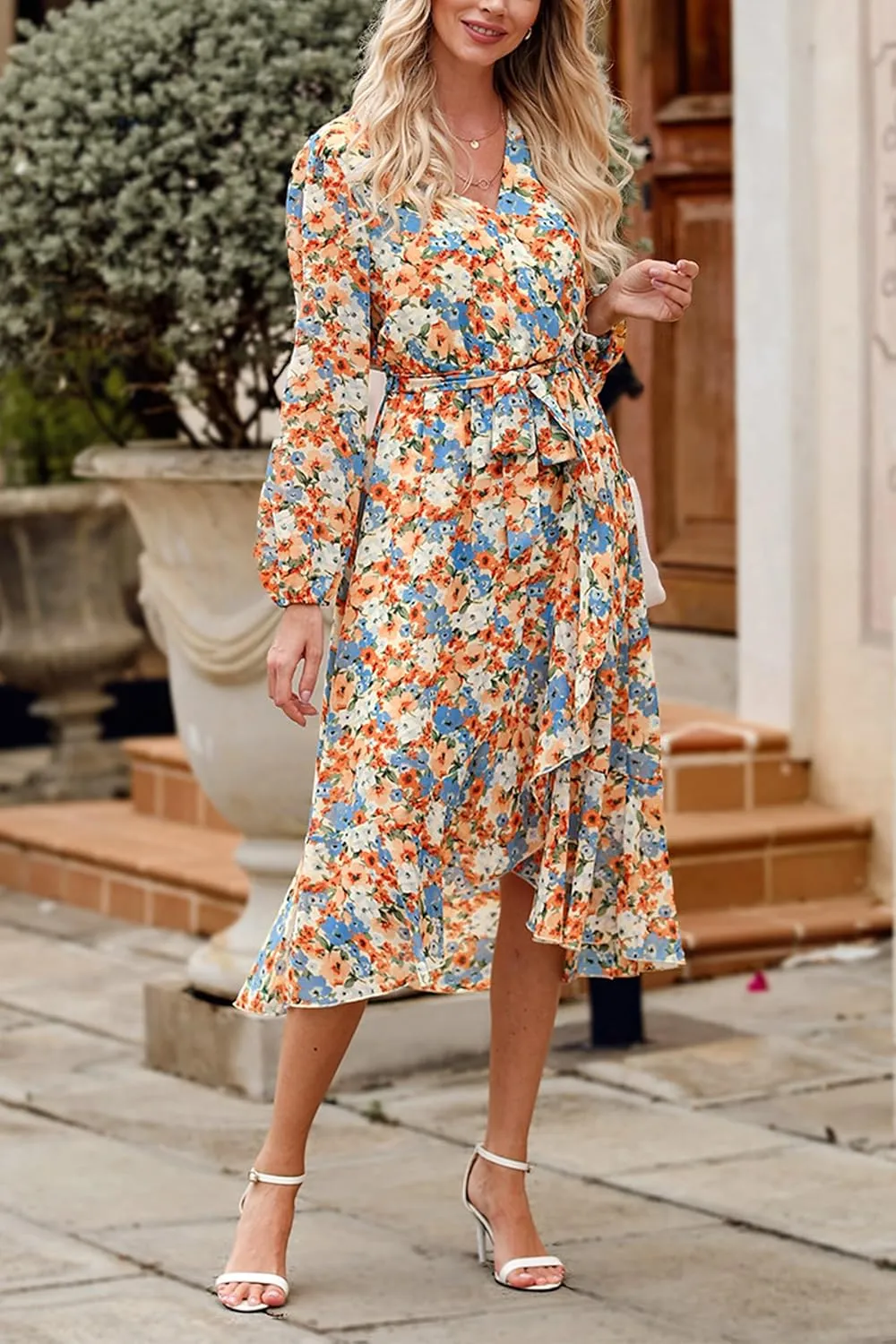 PRETTYGARDEN Women's Floral Print Boho Dress Long Sleeve Wrap V Neck Ruffle Belted A-Line Flowy Maxi Dresses