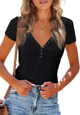 PRETTYGARDEN Women's Summer Casual Henley T-Shirts Short Sleeve V Neck Button Up Ribbed Knit Slim Fit Basic Tops