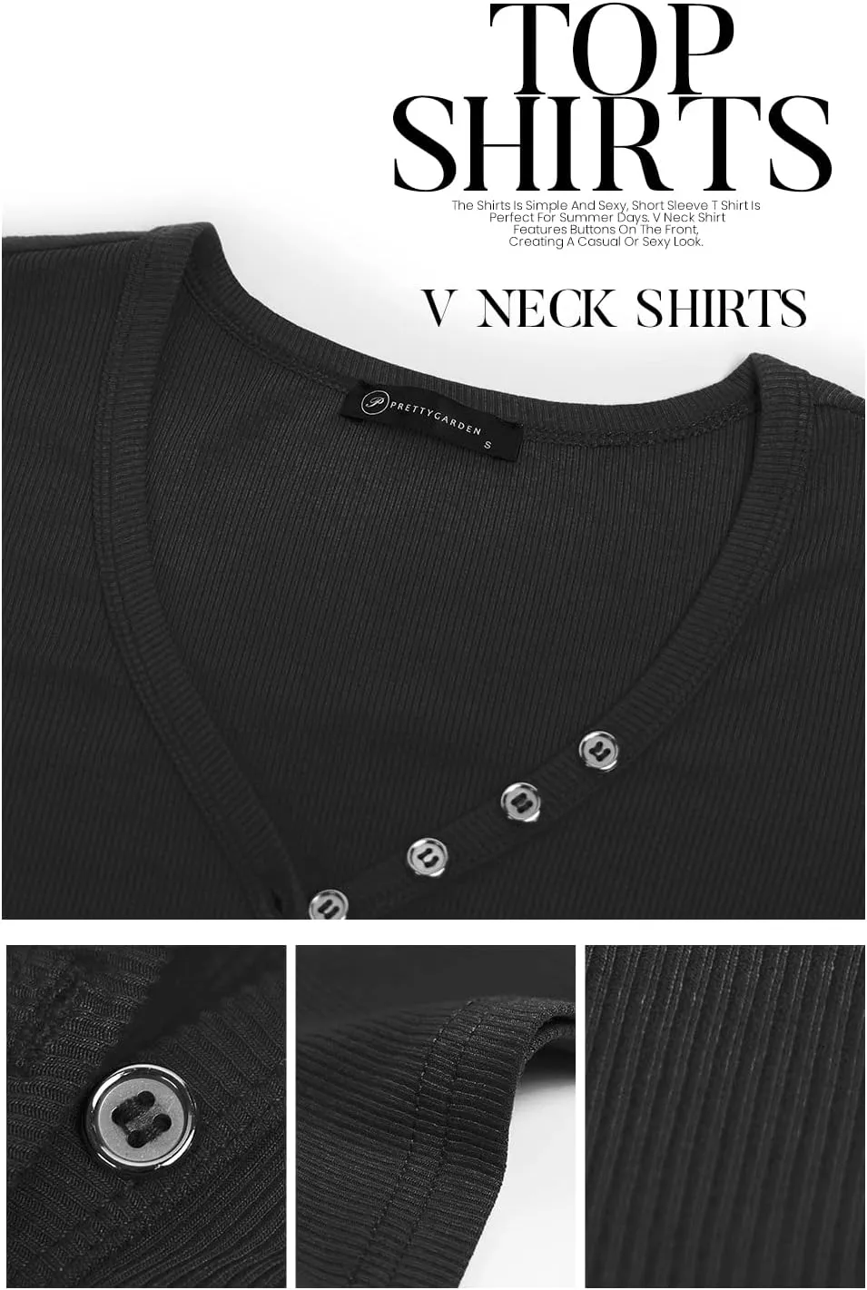 PRETTYGARDEN Women's Summer Casual Henley T-Shirts Short Sleeve V Neck Button Up Ribbed Knit Slim Fit Basic Tops