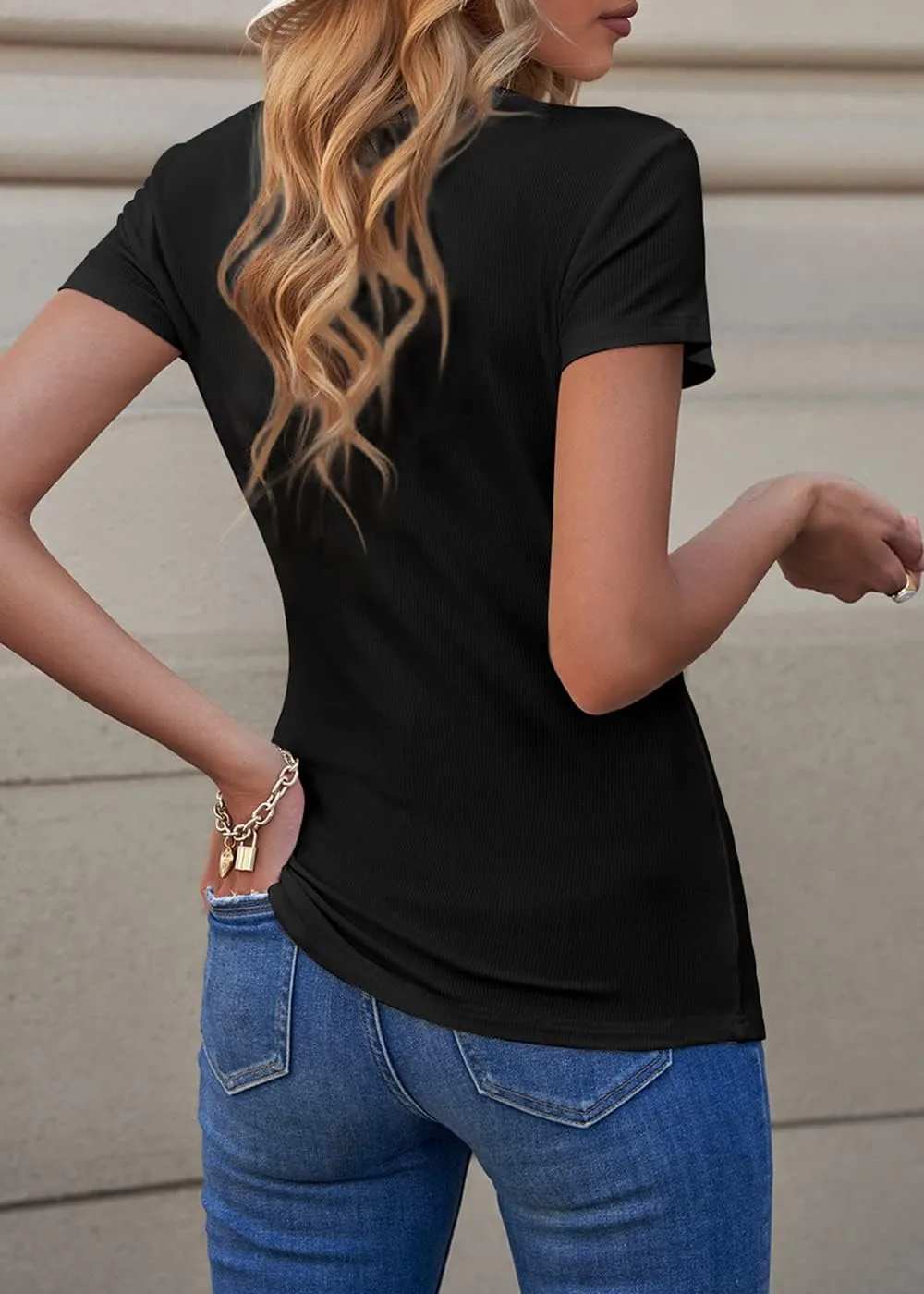 PRETTYGARDEN Women's Summer Casual Henley T-Shirts Short Sleeve V Neck Button Up Ribbed Knit Slim Fit Basic Tops