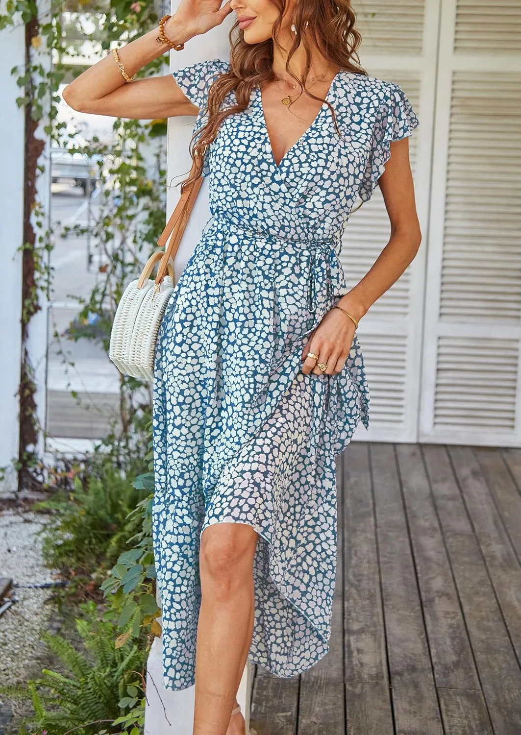 PRETTYGARDEN Women's Summer Floral Boho Maxi Dress Wrap Short Sleeve V Neck Ruffle A-Line Flowy Wedding Guest Long Dresses