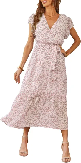 PRETTYGARDEN Women's Summer Floral Boho Maxi Dress Wrap Short Sleeve V Neck Ruffle A-Line Flowy Wedding Guest Long Dresses