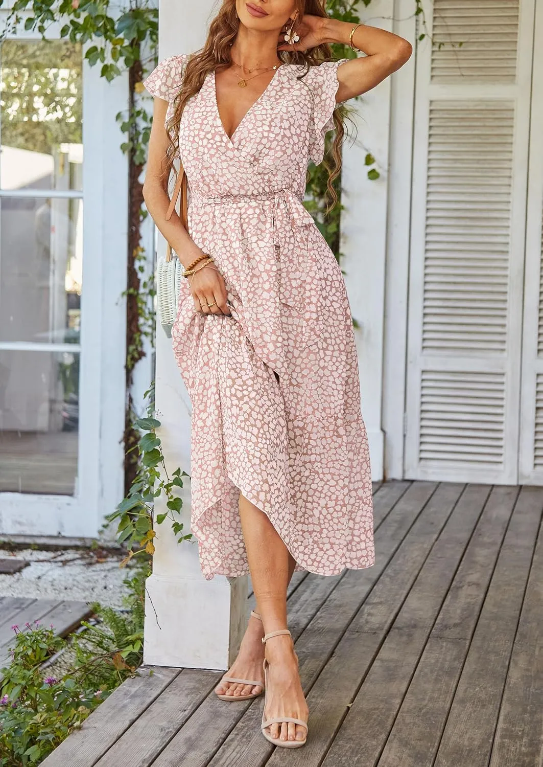 PRETTYGARDEN Women's Summer Floral Boho Maxi Dress Wrap Short Sleeve V Neck Ruffle A-Line Flowy Wedding Guest Long Dresses