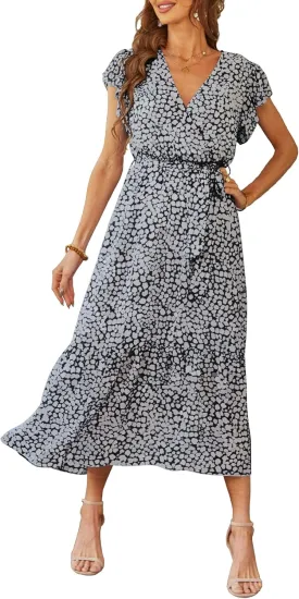 PRETTYGARDEN Women's Summer Floral Boho Maxi Dress Wrap Short Sleeve V Neck Ruffle A-Line Flowy Wedding Guest Long Dresses