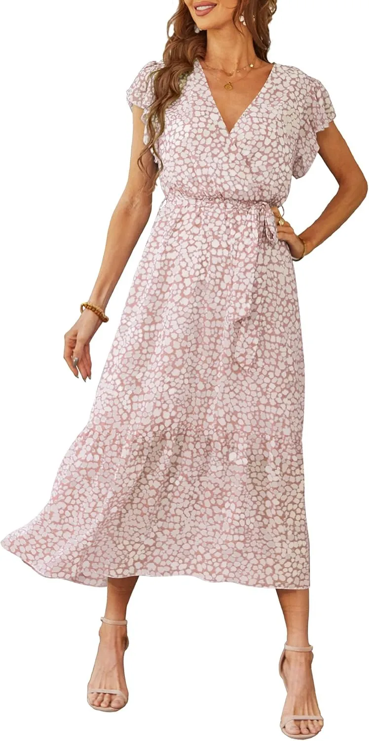 PRETTYGARDEN Women's Summer Floral Boho Maxi Dress Wrap Short Sleeve V Neck Ruffle A-Line Flowy Wedding Guest Long Dresses