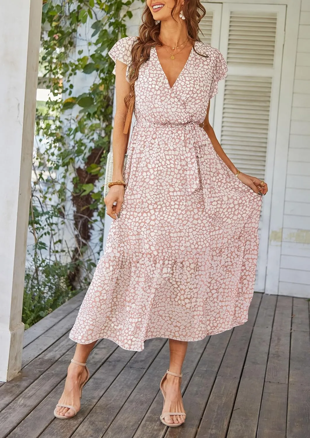 PRETTYGARDEN Women's Summer Floral Boho Maxi Dress Wrap Short Sleeve V Neck Ruffle A-Line Flowy Wedding Guest Long Dresses
