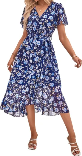 PRETTYGARDEN Women's Summer Floral Boho Maxi Dress Wrap Short Sleeve V Neck Ruffle A-Line Flowy Wedding Guest Long Dresses