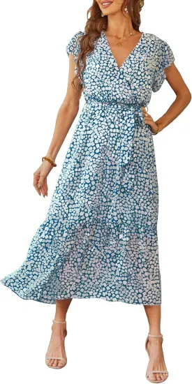 PRETTYGARDEN Women's Summer Floral Boho Maxi Dress Wrap Short Sleeve V Neck Ruffle A-Line Flowy Wedding Guest Long Dresses