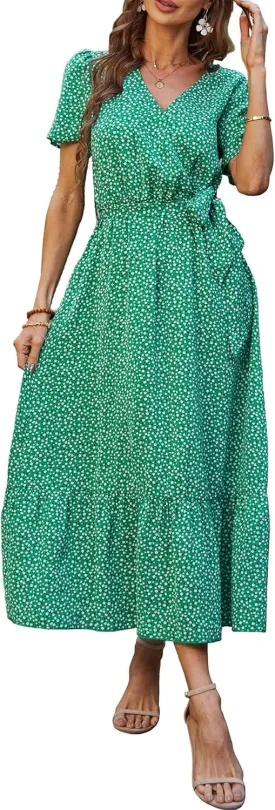 PRETTYGARDEN Women's Summer Floral Boho Maxi Dress Wrap Short Sleeve V Neck Ruffle A-Line Flowy Wedding Guest Long Dresses