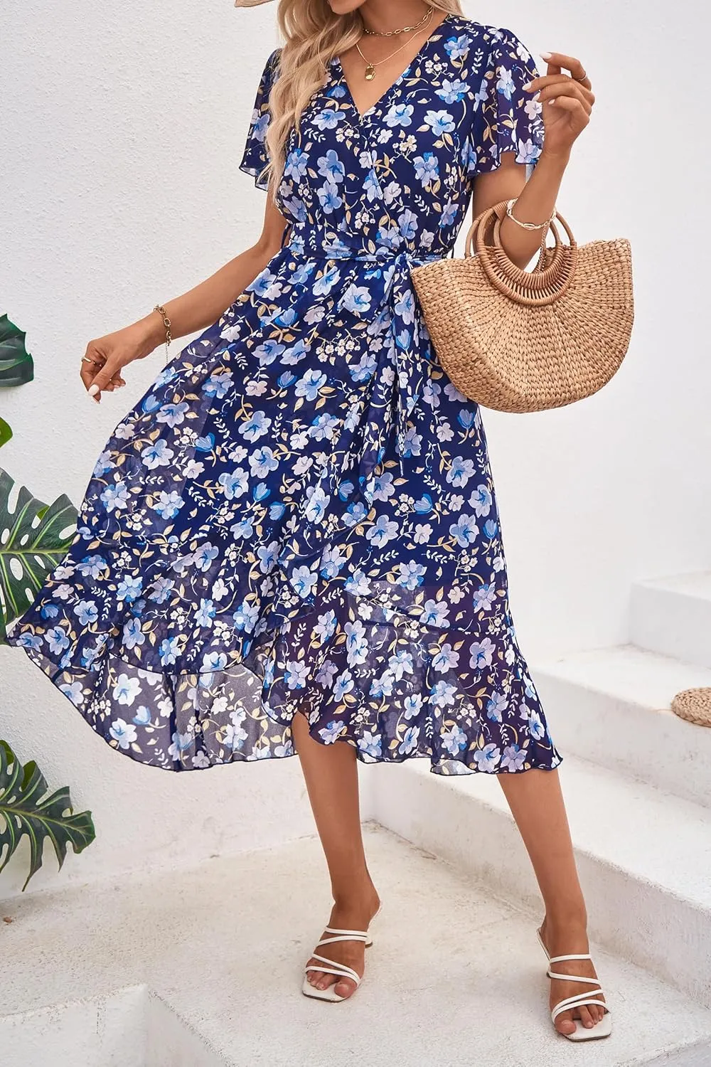 PRETTYGARDEN Women's Summer Floral Boho Maxi Dress Wrap Short Sleeve V Neck Ruffle A-Line Flowy Wedding Guest Long Dresses