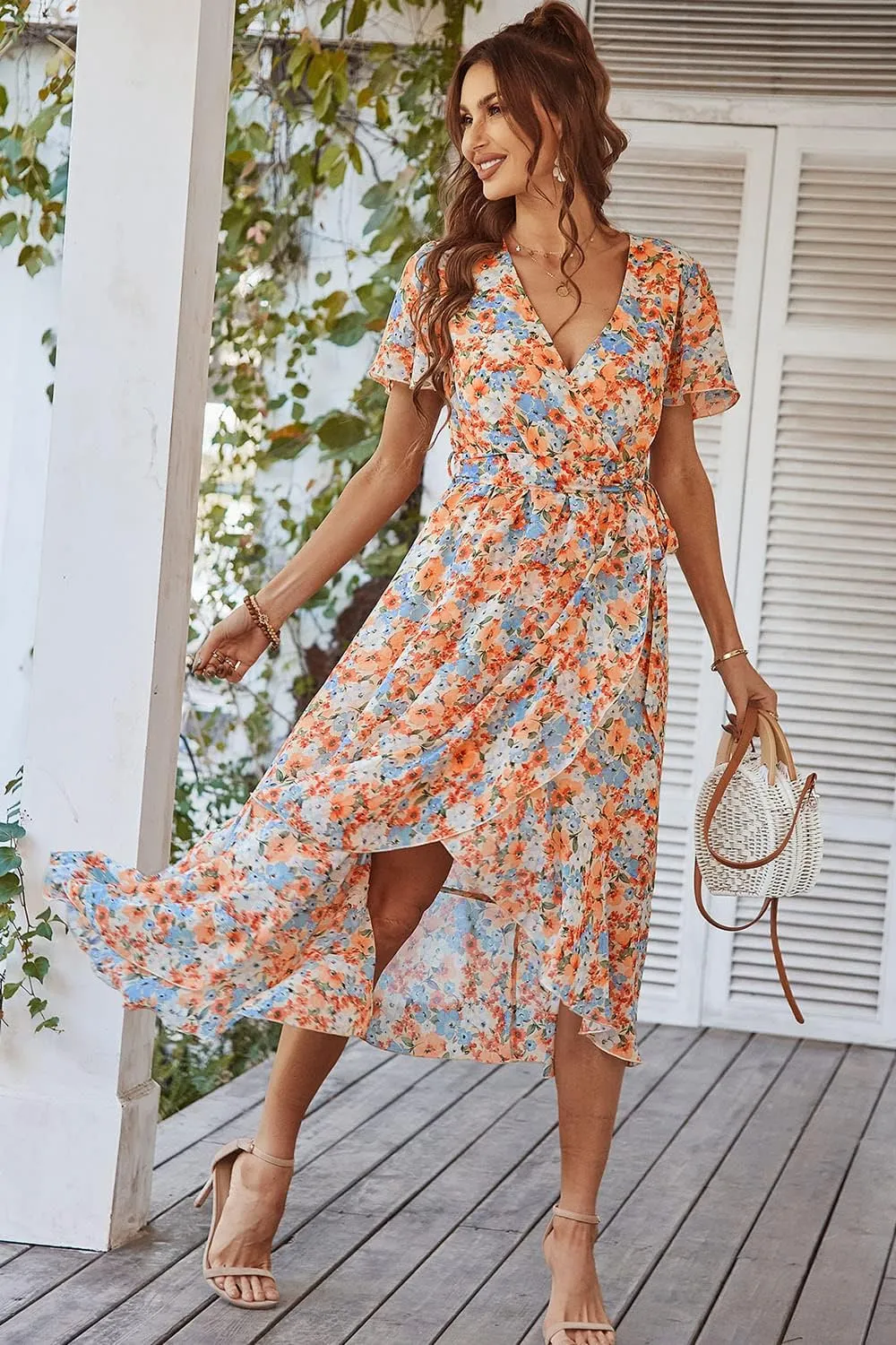 PRETTYGARDEN Women's Summer Floral Boho Maxi Dress Wrap Short Sleeve V Neck Ruffle A-Line Flowy Wedding Guest Long Dresses