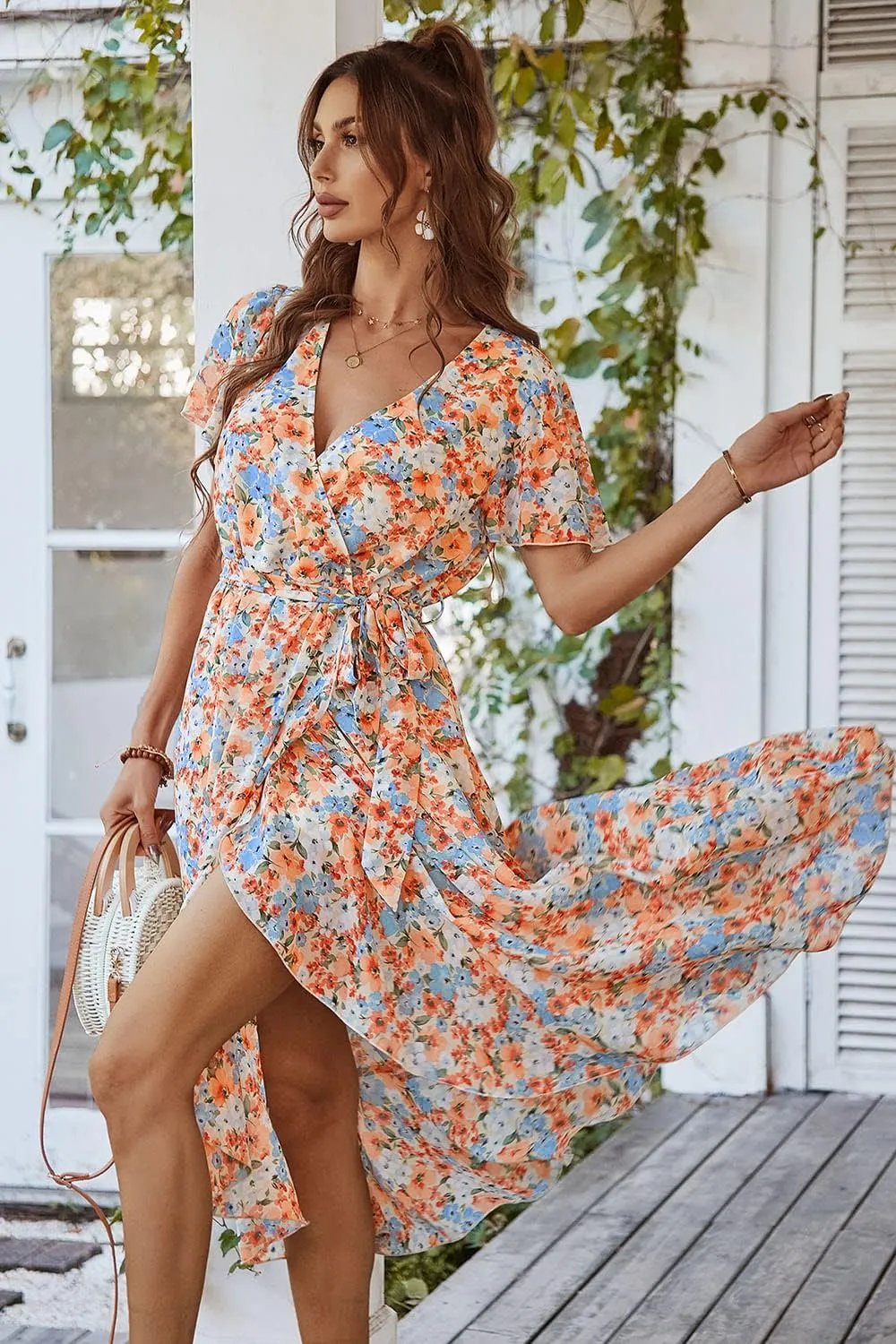 PRETTYGARDEN Women's Summer Floral Boho Maxi Dress Wrap Short Sleeve V Neck Ruffle A-Line Flowy Wedding Guest Long Dresses