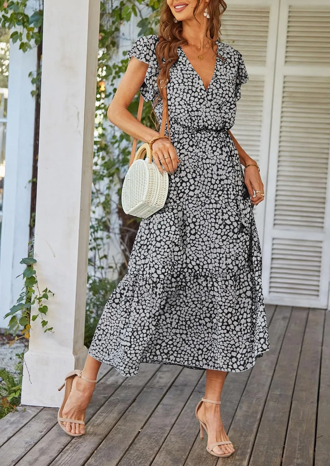 PRETTYGARDEN Women's Summer Floral Boho Maxi Dress Wrap Short Sleeve V Neck Ruffle A-Line Flowy Wedding Guest Long Dresses