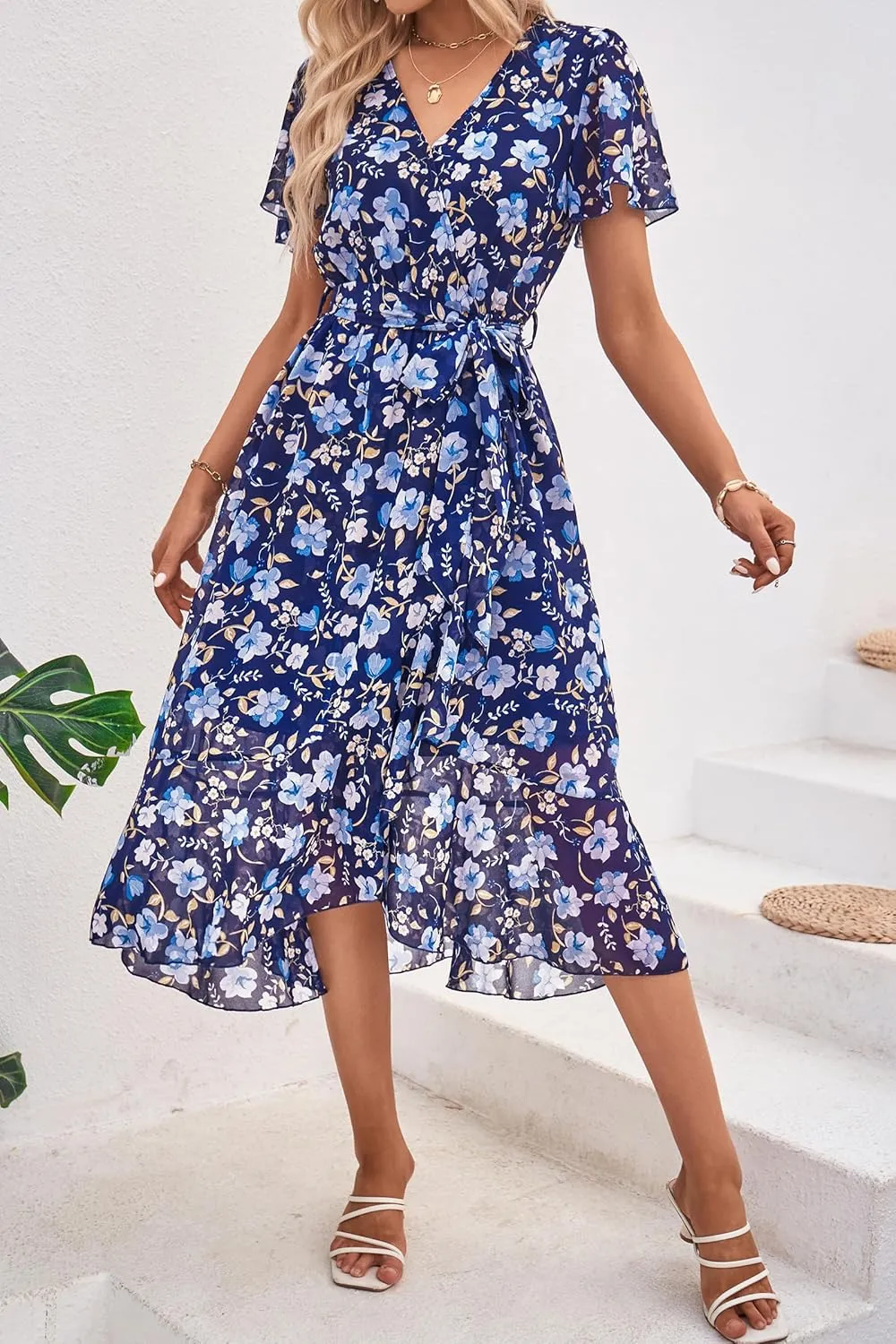 PRETTYGARDEN Women's Summer Floral Boho Maxi Dress Wrap Short Sleeve V Neck Ruffle A-Line Flowy Wedding Guest Long Dresses