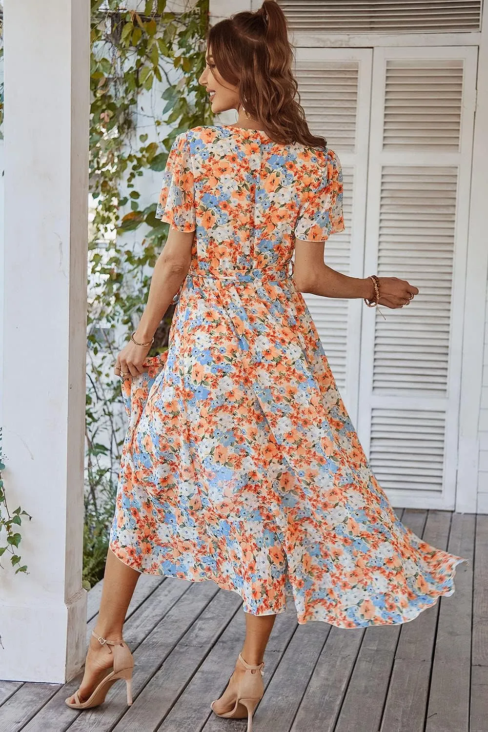 PRETTYGARDEN Women's Summer Floral Boho Maxi Dress Wrap Short Sleeve V Neck Ruffle A-Line Flowy Wedding Guest Long Dresses