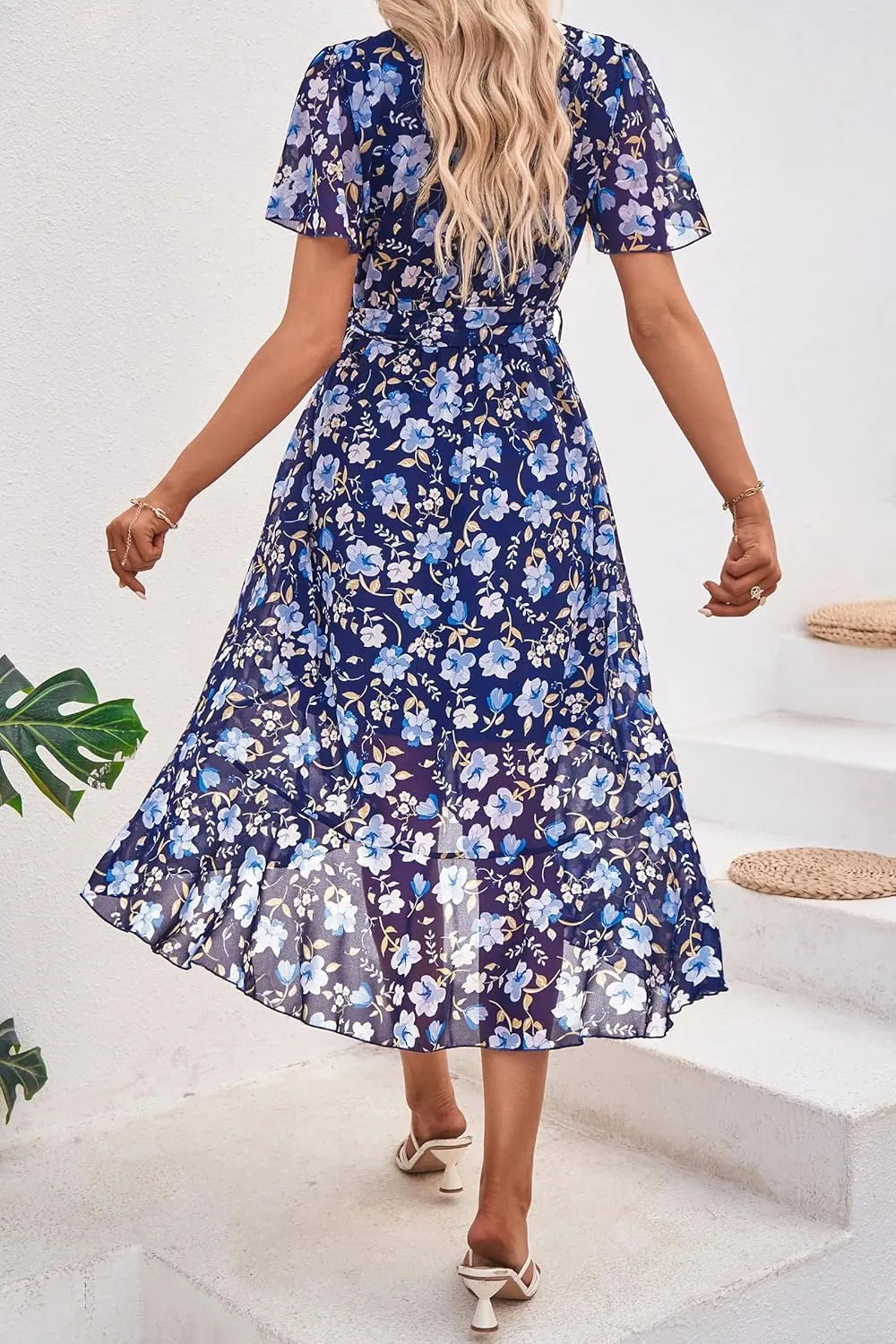 PRETTYGARDEN Women's Summer Floral Boho Maxi Dress Wrap Short Sleeve V Neck Ruffle A-Line Flowy Wedding Guest Long Dresses