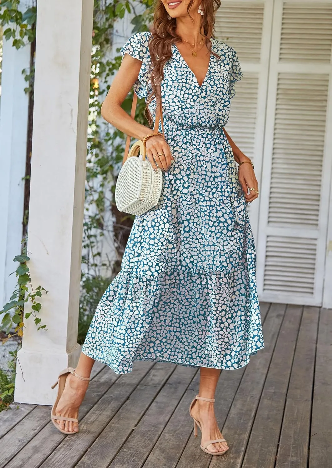 PRETTYGARDEN Women's Summer Floral Boho Maxi Dress Wrap Short Sleeve V Neck Ruffle A-Line Flowy Wedding Guest Long Dresses