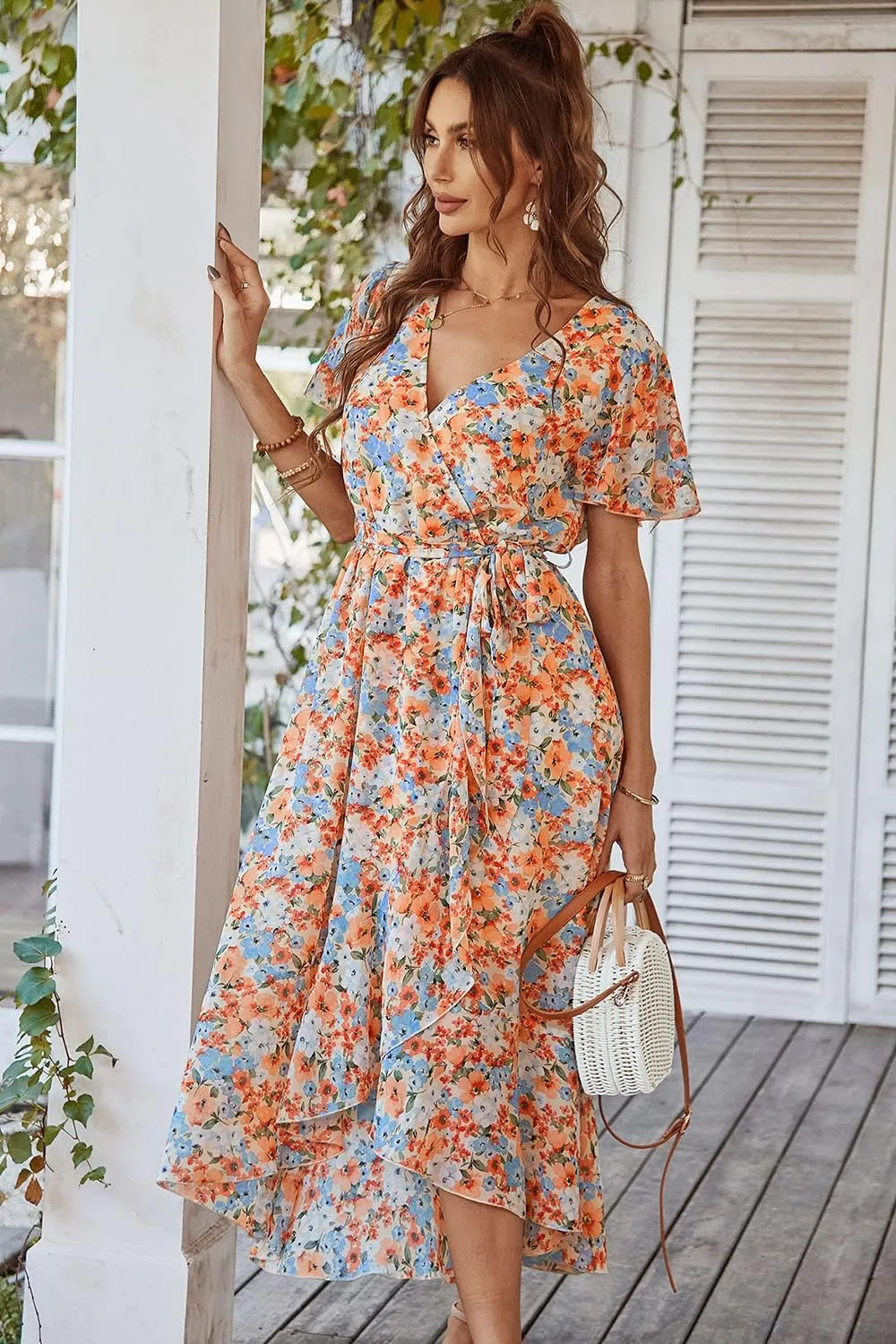PRETTYGARDEN Women's Summer Floral Boho Maxi Dress Wrap Short Sleeve V Neck Ruffle A-Line Flowy Wedding Guest Long Dresses