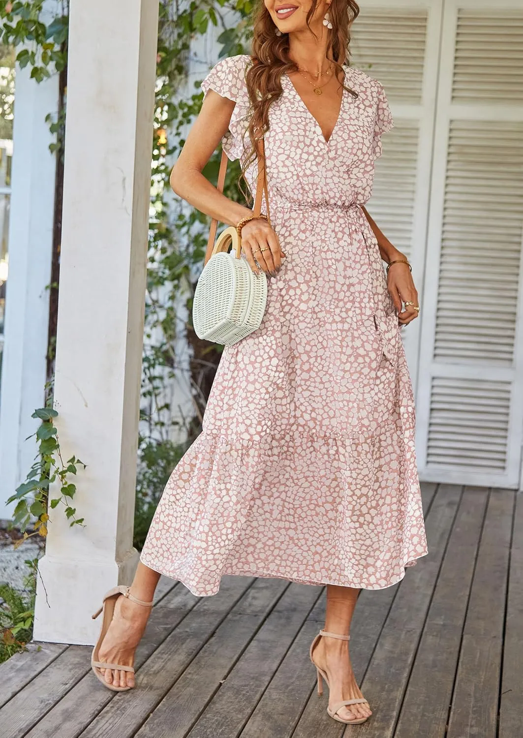 PRETTYGARDEN Women's Summer Floral Boho Maxi Dress Wrap Short Sleeve V Neck Ruffle A-Line Flowy Wedding Guest Long Dresses