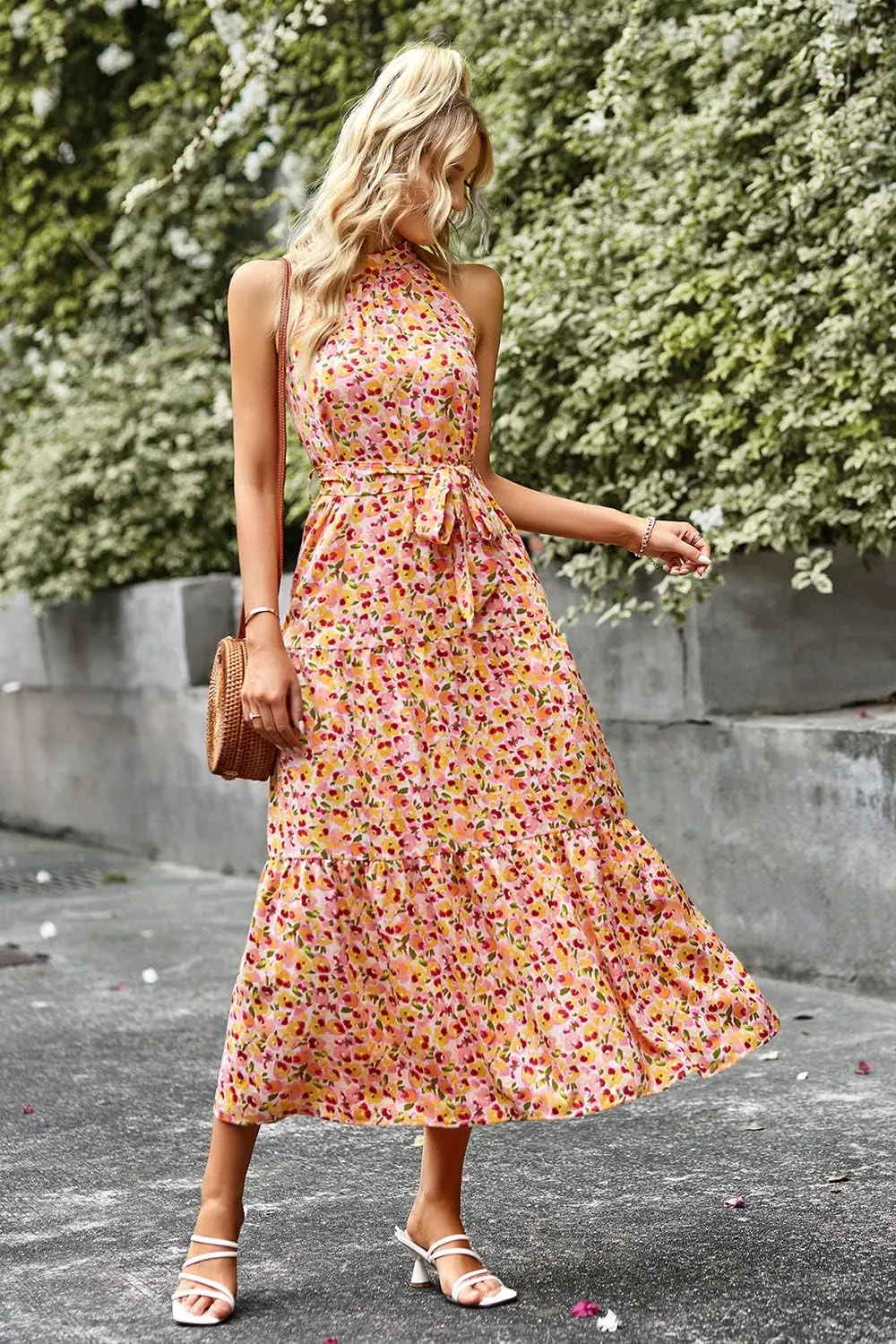 PRETTYGARDEN Women's Summer Floral Maxi Sun Dress Sleeveless Halter Neck Flowy Ruffle Hem Long Boho Dresses with Belt