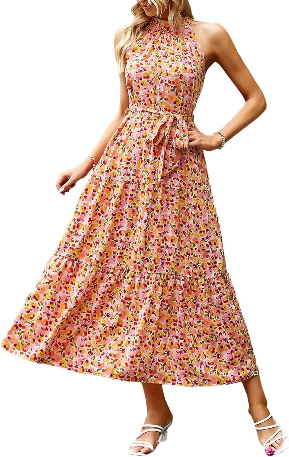 PRETTYGARDEN Women's Summer Floral Maxi Sun Dress Sleeveless Halter Neck Flowy Ruffle Hem Long Boho Dresses with Belt