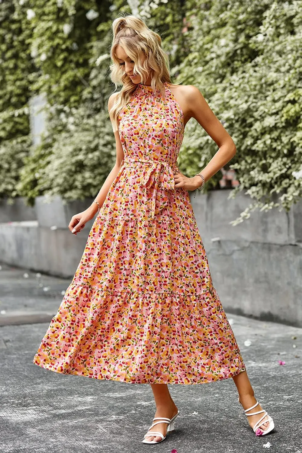 PRETTYGARDEN Women's Summer Floral Maxi Sun Dress Sleeveless Halter Neck Flowy Ruffle Hem Long Boho Dresses with Belt