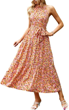 PRETTYGARDEN Women's Summer Floral Maxi Sun Dress Sleeveless Halter Neck Flowy Ruffle Hem Long Boho Dresses with Belt